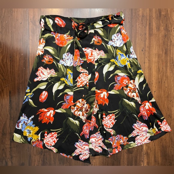 Zara Floral Midi Skirt Size Large Belted Satin Black Boho Chic Hippie Midi GUC - Picture 5 of 16